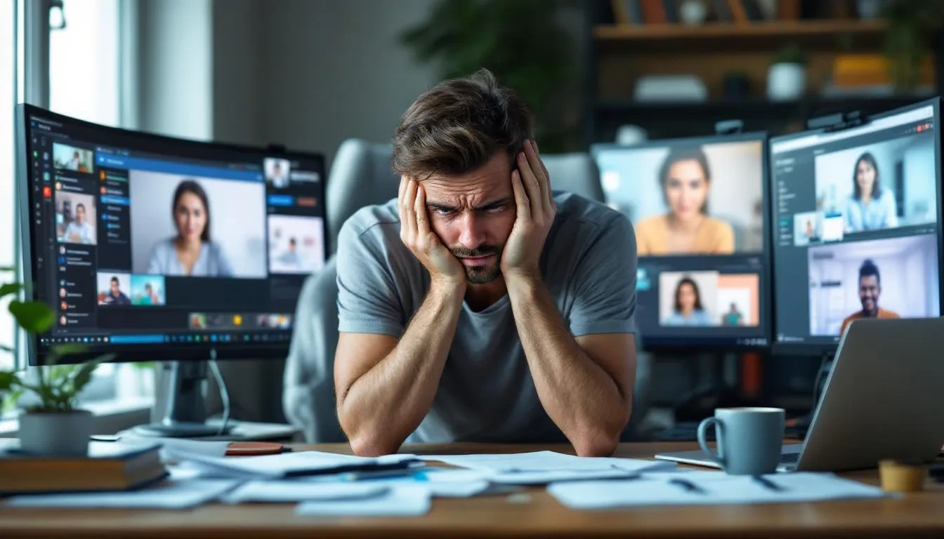 A stressed remote worker is seated at a home office desk surrounded by multiple monitors displaying video calls, illustrating the challenges of remote work and the potential impact on mental health and work-life balance for many remote employees. The scene reflects the remote work paradox, where despite flexible work arrangements, many remote workers experience increased stress and burnout.